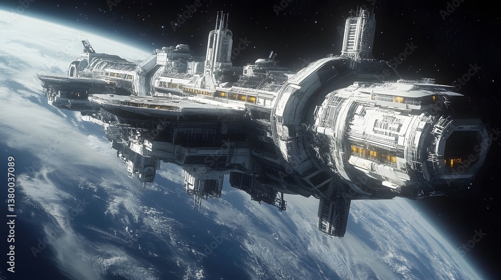 Interstellar Voyager: A monumental spaceship gracefully navigates the vast expanse of space, against the breathtaking backdrop of Earth's atmosphere. Interstellar Voyager: A monumental spaceship gracefully navigates the vast expanse of space, against the breathtaking backdrop of Earth's atmosphere.