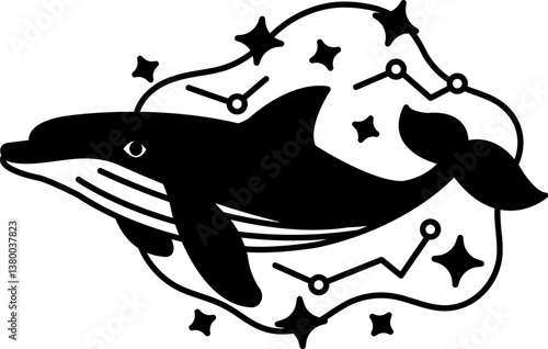 isolate black and white illustration of Whale swimming in the galaxy