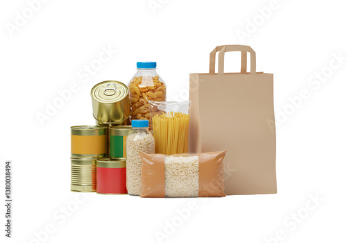 Assorted non perishable food donation items with paper bag on white background, canned goods rice pasta jar and pantry staples studio still life for food bank charity relief, grocery supply collection