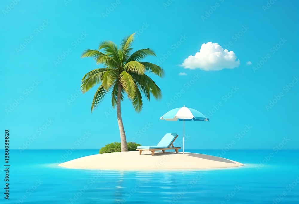 Fototapeta premium Generative AI image of a serene tropical island getaway with palm trees and a chaise lounge