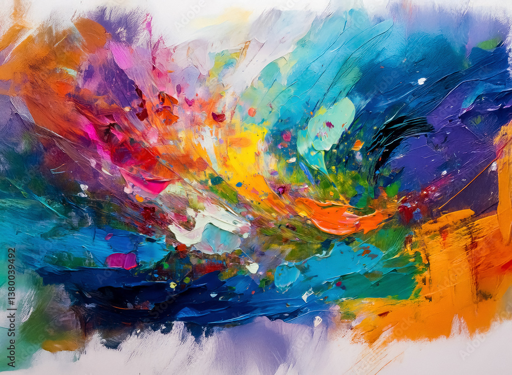 Fototapeta premium This abstract artwork bursts with vibrant color, showcasing a dynamic mix of brushstrokes. A kaleidoscope of hues creates a sense of movement and energy, evoking feelings of joy and creativity.