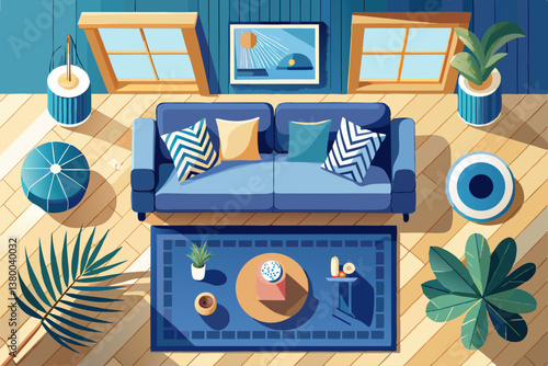 vector of stylish top view of a minimalist living room featuring a blue sofa on a parquet floor, showcasing modern boho design aesthetics