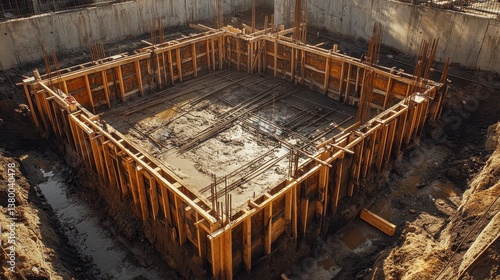 Construction site with concrete foundation under construction