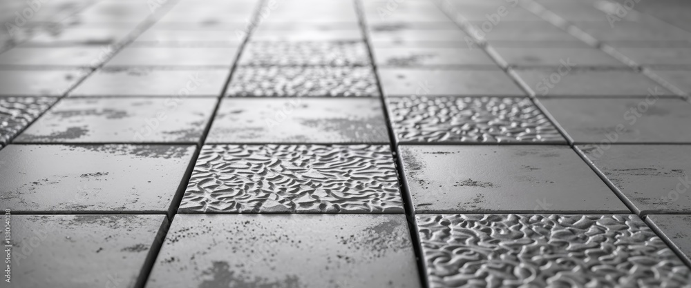 Monochromatic View of Structured Square Tile Floor Covering with Uneven Surface and Neutral Gray Coloring with an Abstract Decorative Texture Monochromatic View of Structured Square Tile Floor Covering with Uneven Surface and Neutral Gray Coloring with an Abstract Decorative Texture