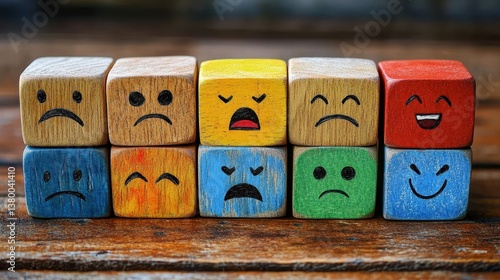 Colorful wooden blocks with diverse facial expressions displaying emotions