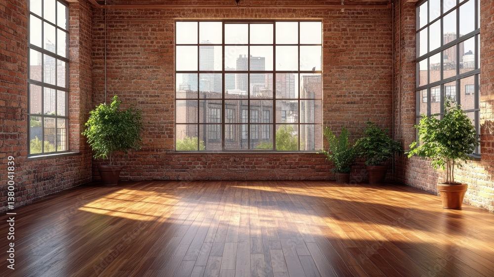 Fototapeta premium Sunlit industrial loft with brick walls and hardwood floors overlooking cityscape