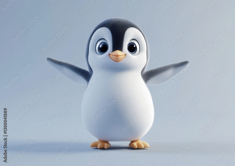 Fototapeta premium Cute Penguin in Joyful Pose: A charming cartoon penguin with a curious gaze extends its wings in a pose of playful happiness. Capture the pure joy and innocent charm of this adorable bird.