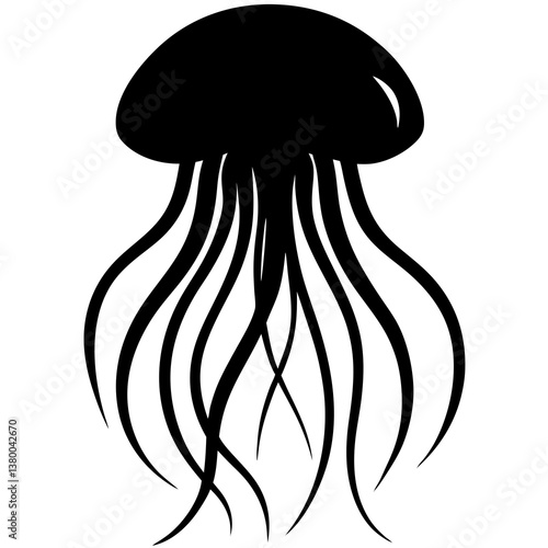 A vector silhouette of a jellyfish floating with its tentacles trailing behind, centered on a white background 