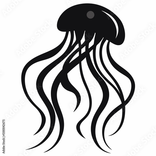A vector silhouette of a jellyfish floating with its tentacles trailing behind, centered on a white background 