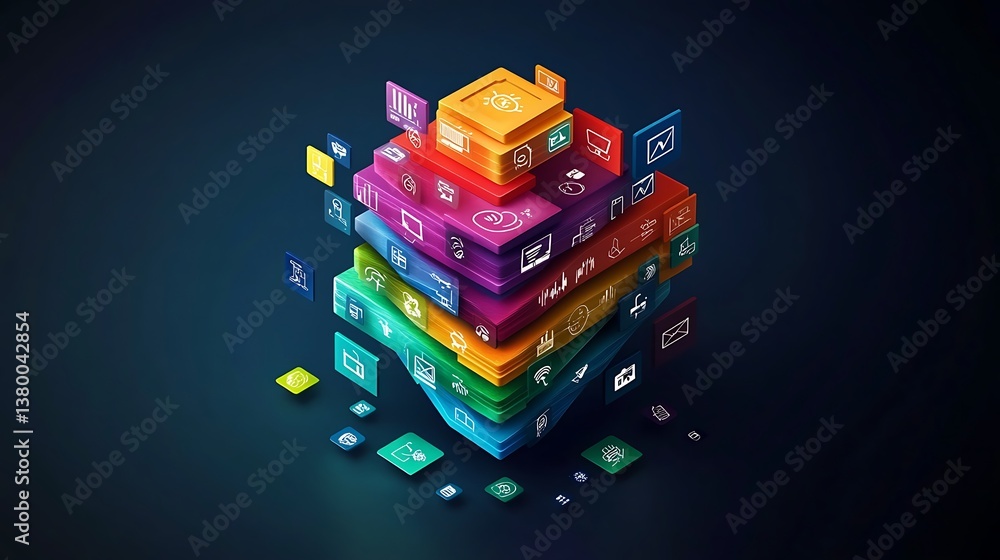 Obraz premium Step-by-step infographic funnel built from stacked tiles, each representing a digital marketing tactic with color-coded icons, clean transitions and bold typography,