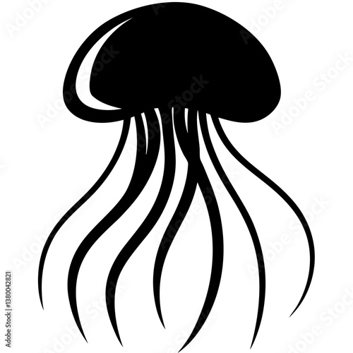 A vector silhouette of a jellyfish floating with its tentacles trailing behind, centered on a white background 