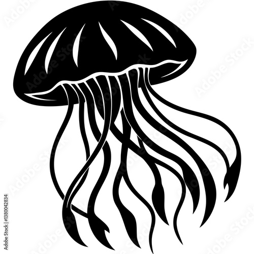 A vector silhouette of a jellyfish floating with its tentacles trailing behind, centered on a white background 