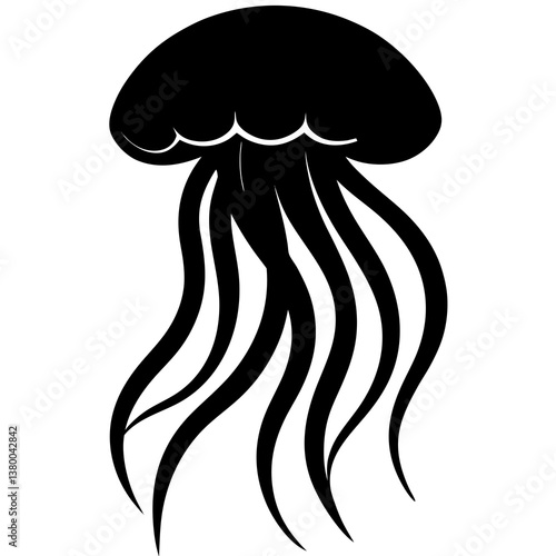 A vector silhouette of a jellyfish floating with its tentacles trailing behind, centered on a white background 
