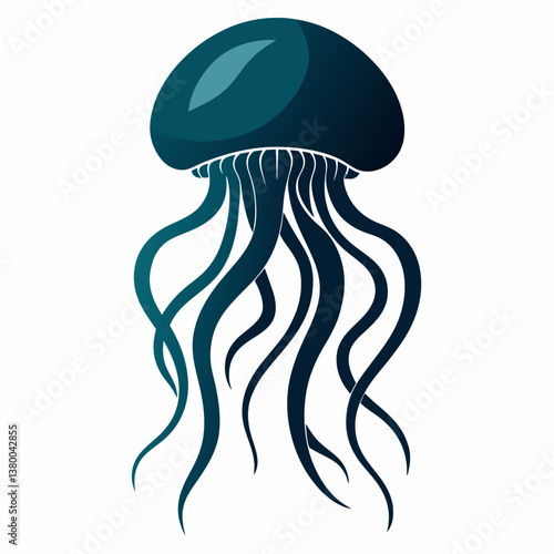 A vector silhouette of a jellyfish floating with its tentacles trailing behind, centered on a white background 