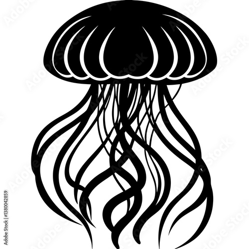A vector silhouette of a jellyfish floating with its tentacles trailing behind, centered on a white background 