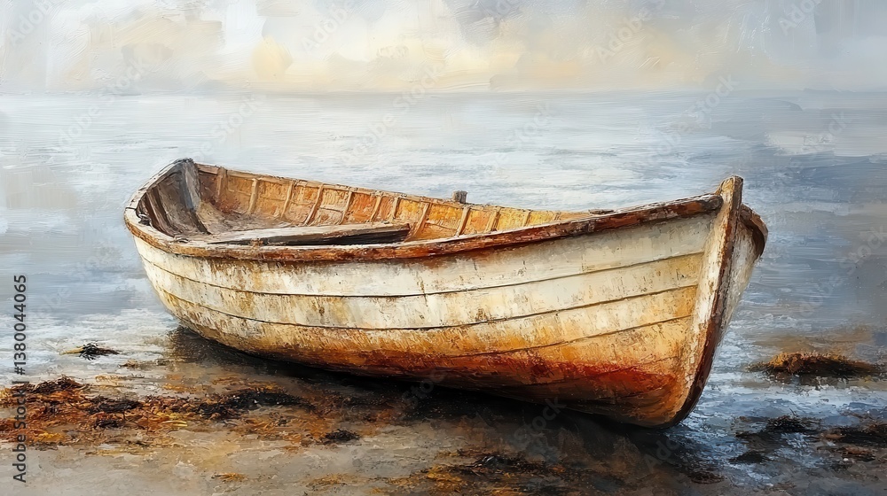Fototapeta Weathered wooden rowboat on misty shoreline
