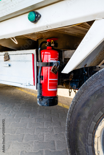 Red fire extinguisher under a truck
