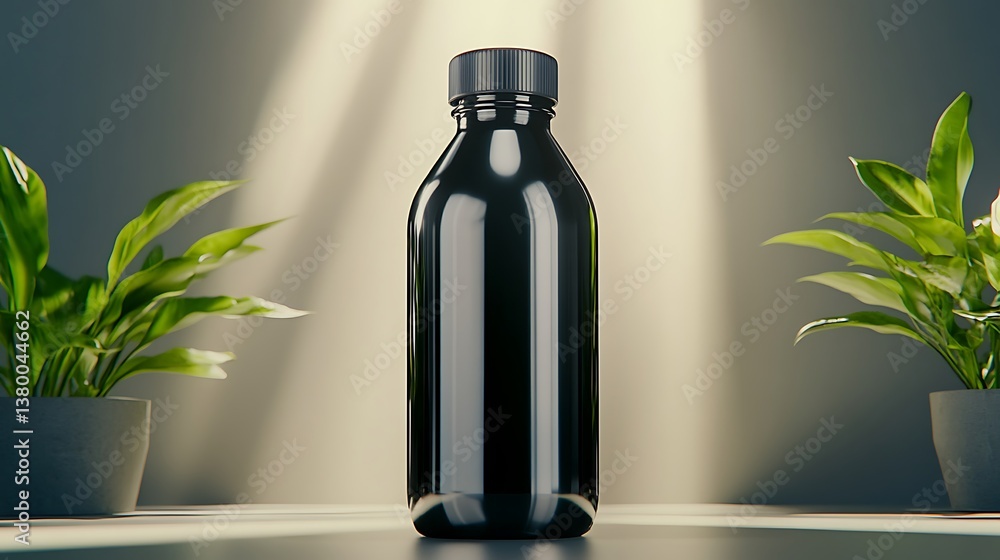 Sleek Black Glass Bottle Mockup with Studio Shot. Sleek Black Glass Bottle Mockup with Studio Shot.
