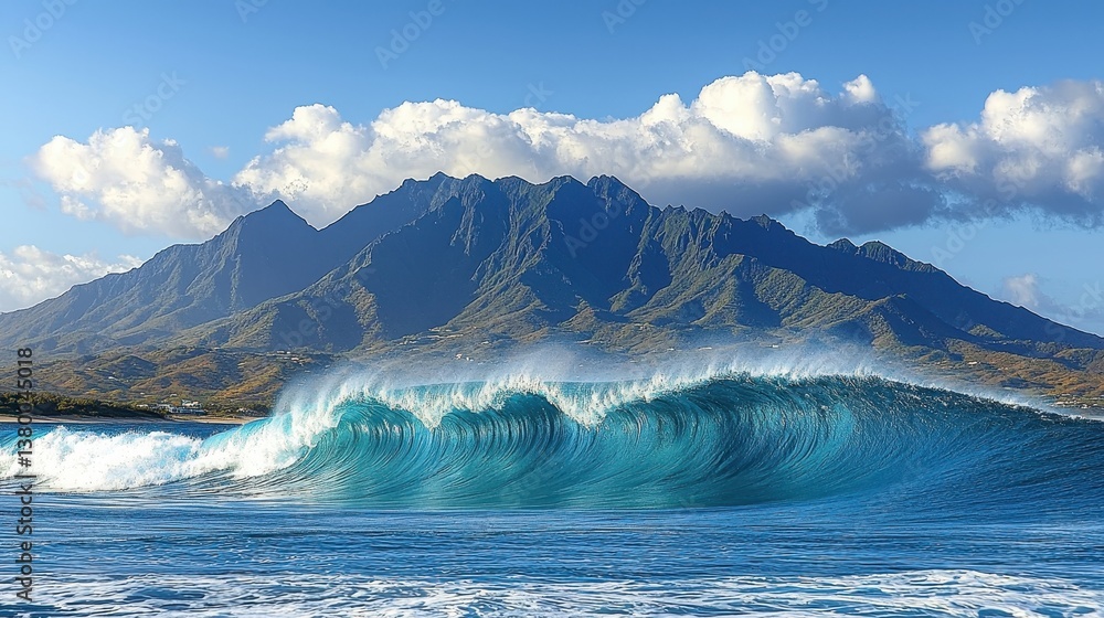 Fototapeta premium A dynamic wave pattern unfolds, its crest and trough interweaving in an endless cycle, forming a captivating background that seamlessly blends with the ocean's vast expanse. 