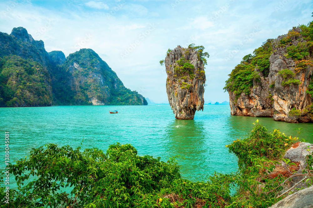 Scenic view landscape James bond island Phang-Nga bay near Phuket, Thailand. Landscape of famous place on Phuket, Thailand. Beautiful place of Phuket.