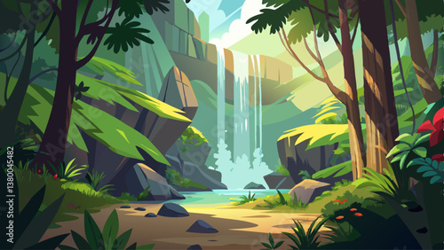 A hidden waterfall in a dense rainforest, where sunlight filters through the trees
