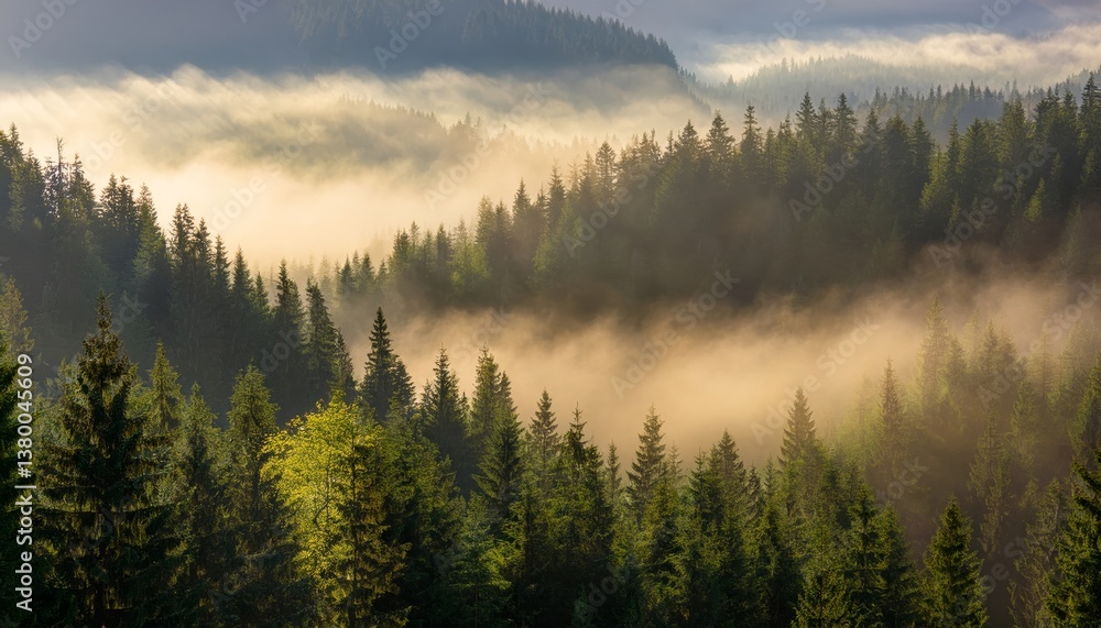 Morning Rays and Fog Above a Forest in the Mountains, breathtaking Scenery Morning Rays and Fog Above a Forest in the Mountains, breathtaking Scenery