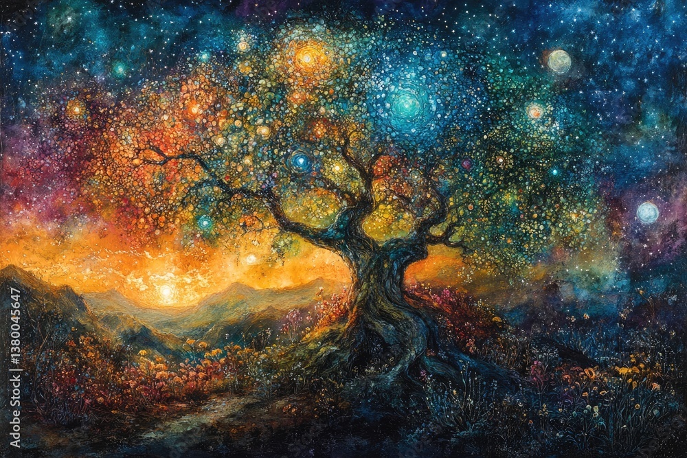A Celestial Tree Spans the Colorful Landscape with Stunning Illumination A Celestial Tree Spans the Colorful Landscape with Stunning Illumination