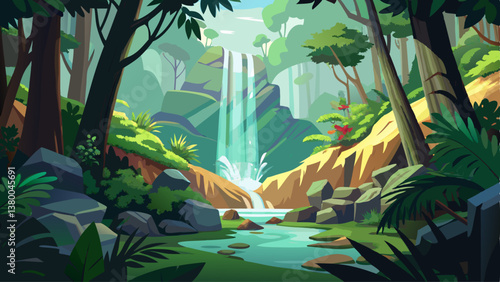 A hidden waterfall in a dense rainforest, where sunlight filters through the trees