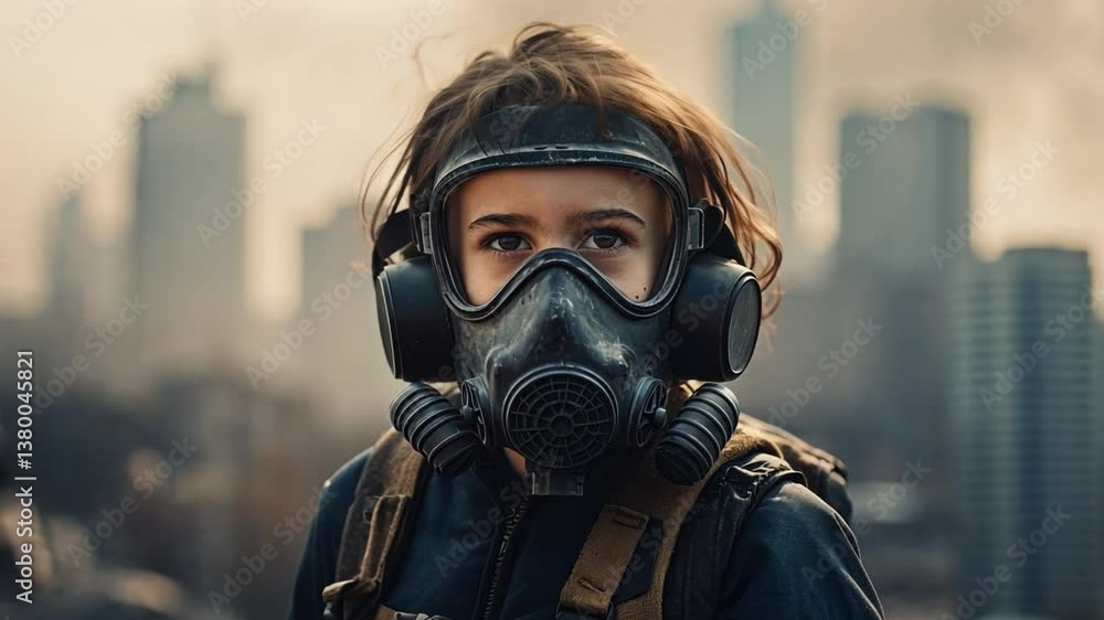 The Guardian's Gaze: A resolute individual, adorned in a gas mask, gazes with unwavering determination at the city skyline, symbolizing resilience in the face of adversity. The Guardian's Gaze: A resolute individual, adorned in a gas mask, gazes with unwavering determination at the city skyline, symbolizing resilience in the face of adversity.