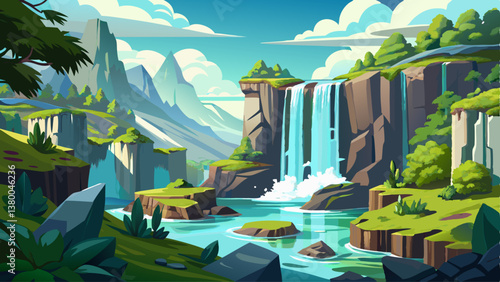 A majestic waterfall cascading down moss-covered cliffs into a crystal-clear pool