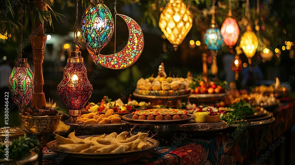 Obraz premium A stunning Eid evening setup featuring colorful mosaic lanterns glowing softly on an ornate table filled with crescent-shaped food platters and decorative greenery