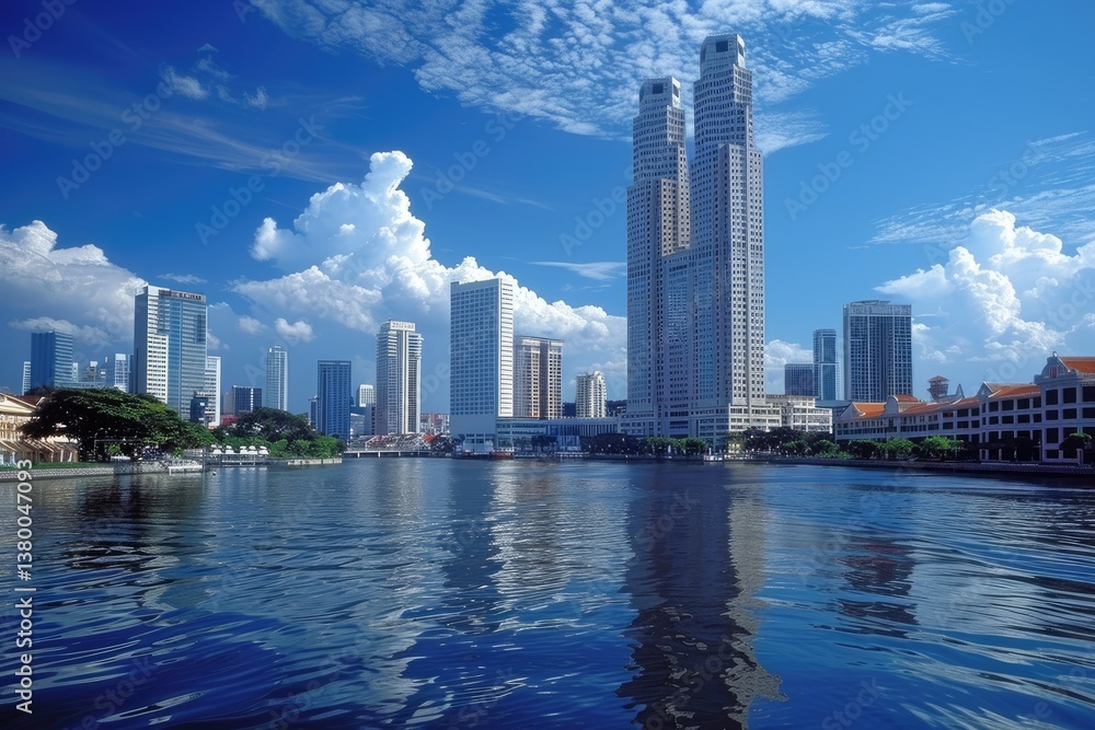 Naklejka premium A city skyline reflecting in calm water on a sunny day