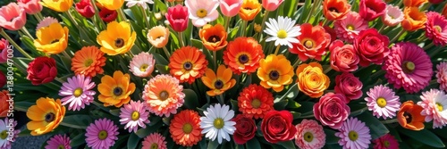 Panoramic view of a colorful mix of spring flowers like tulips and daisies, spring, Easter background