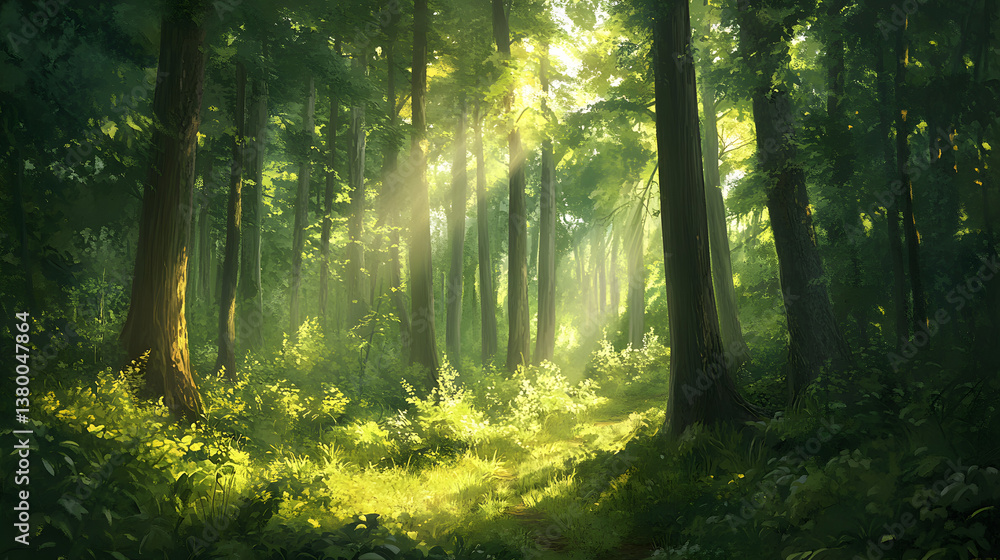 Naklejka premium forest, sun, nature, tree, light, trees, sunlight, landscape, green, morning, road, wood, fog, woods, path, mist, sunrise, autumn, park, ray, leaf, sunshine, summer, through, rays