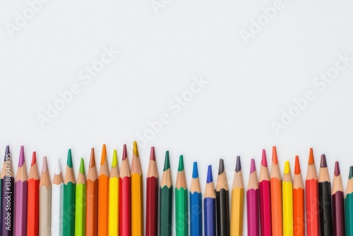 Brightly colored pencils and paint brushes neatly arranged on a white workspace for creative projects and artistic activities