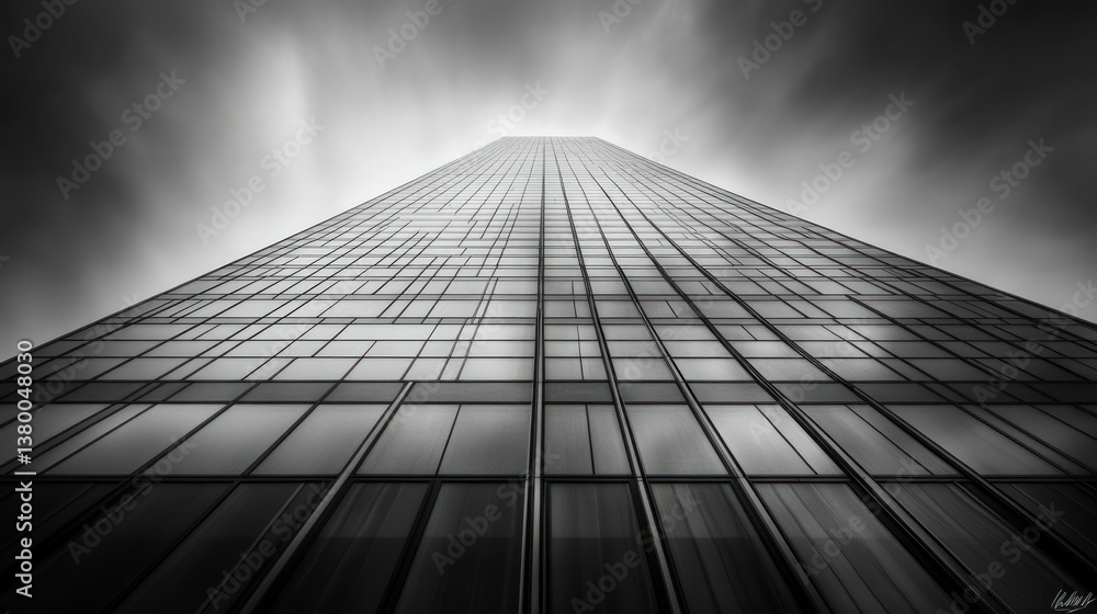 Fototapeta premium Looking Up At A Tall Building Under Cloudy Overcast Skies