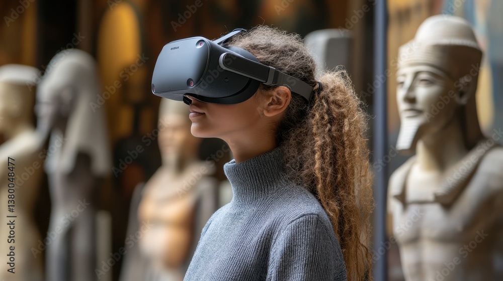Young female experiencing virtual reality in museum surrounded by ancient sculptures Young female experiencing virtual reality in museum surrounded by ancient sculptures