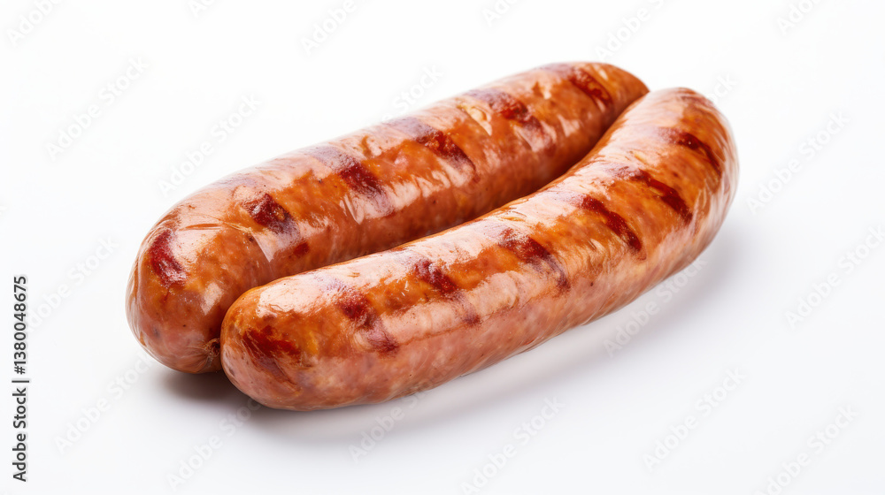 Two appetizing grilled sausages are displayed on a clean, white background. The sausages show grill marks, indicating they are cooked and ready to be served Two appetizing grilled sausages are displayed on a clean, white background. The sausages show grill marks, indicating they are cooked and ready to be served