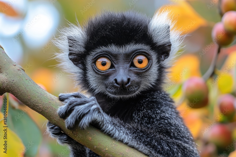 A close up image showing a lemur in an autumn setting A close up image showing a lemur in an autumn setting