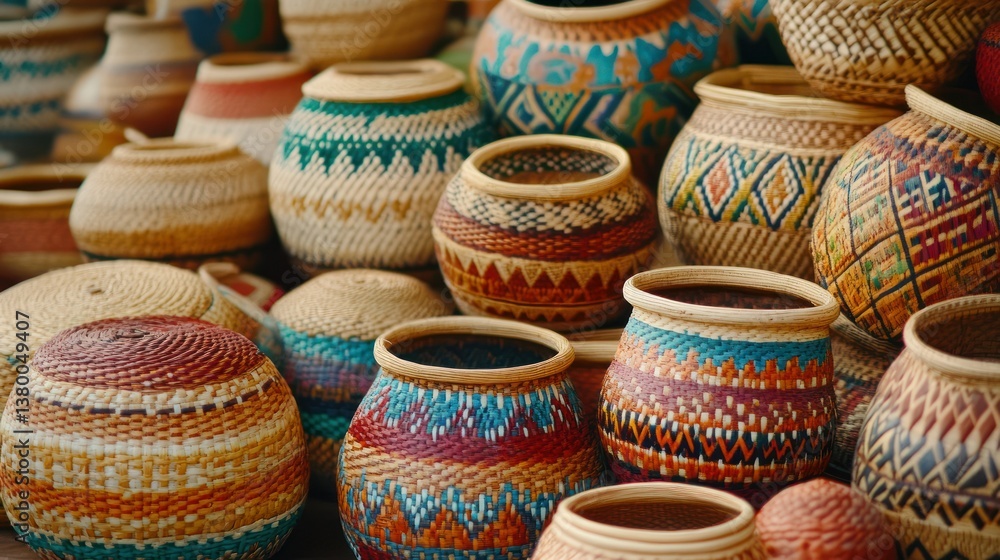 Woven baskets with colorful patterns sit together closely on display Woven baskets with colorful patterns sit together closely on display