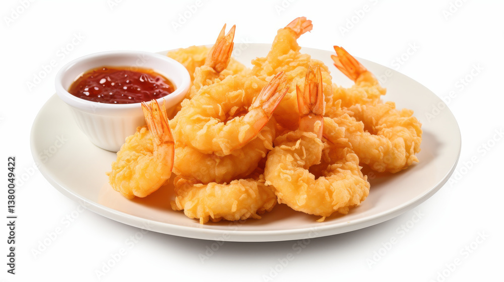 Golden brown fried shrimp are arranged on a plate. A small bowl of red dipping sauce sits beside the seafood. The shrimp are isolated against a white background, showcasing their crispy texture Golden brown fried shrimp are arranged on a plate. A small bowl of red dipping sauce sits beside the seafood. The shrimp are isolated against a white background, showcasing their crispy texture