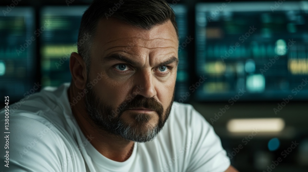 Technician concentrates deeply on a computer screen inside a mission control room with blurred data displays in the background, demonstrating high-tech environment Technician concentrates deeply on a computer screen inside a mission control room with blurred data displays in the background, demonstrating high-tech environment