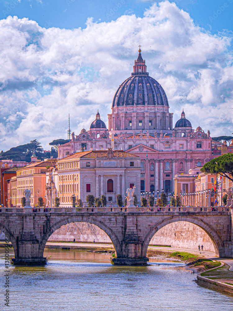 Fototapeta premium Rome city skyline, the iconic St. Peter's Basilica, and the River Tiber in the historic heart of Italy
