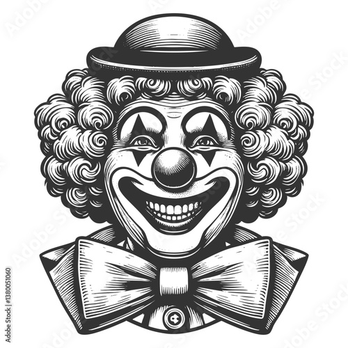 clown face with curly hair, exaggerated makeup, and a ruffled collar in retro engraving style sketch engraving generative ai vector illustration. Scratch board imitation. Black and white image.
