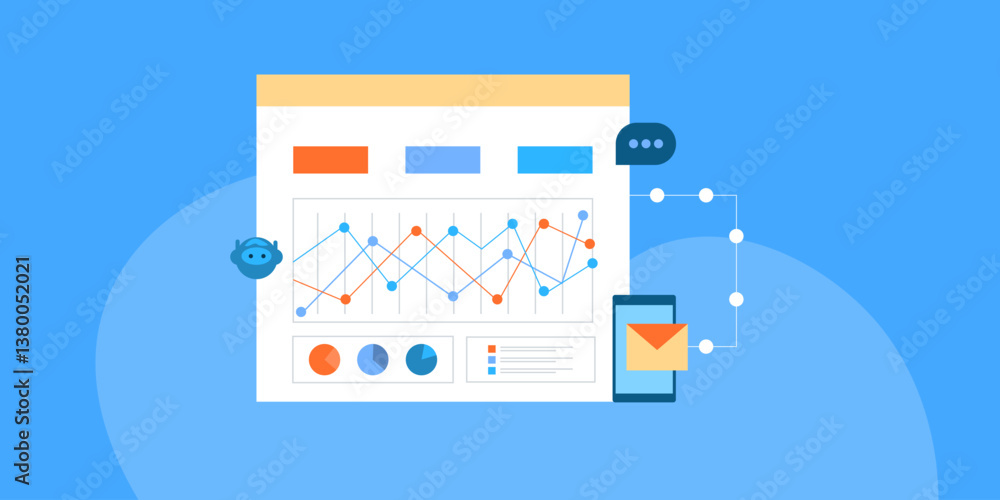 AI virtual bot assistant collecting and analysing data, generates report and send notification to mobile. AI marketing automation concept for e-business. AI virtual bot assistant collecting and analysing data, generates report and send notification to mobile. AI marketing automation concept for e-business.