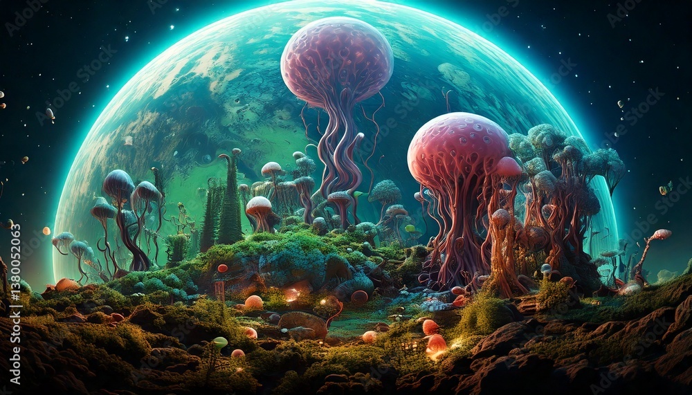 Fototapeta premium planet ecosystem with bizarre life forms evolved under completely 