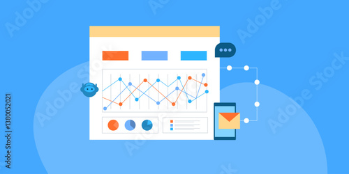 AI virtual bot assistant collecting and analysing data, generates report and send notification to mobile. AI marketing automation concept for e-business.