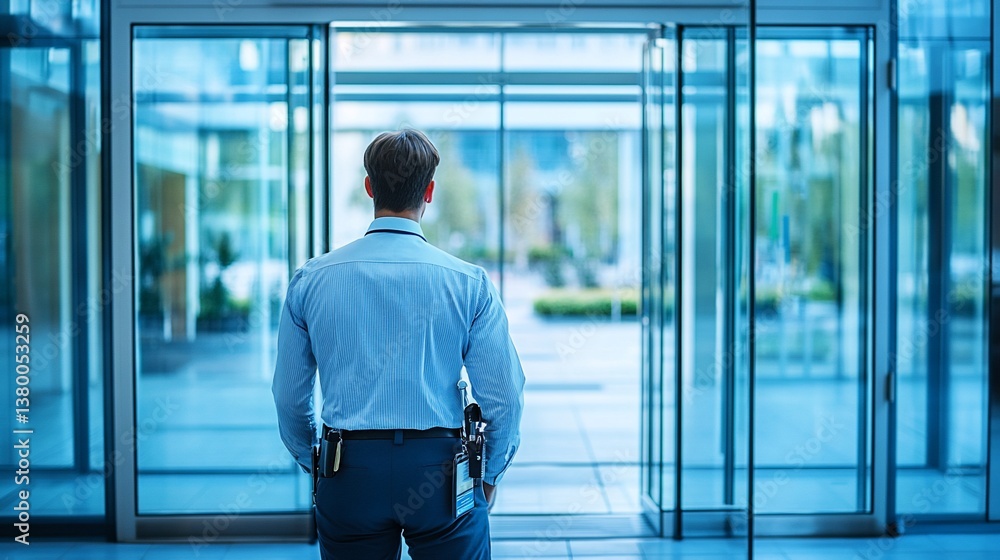 © Liliant - Security guard standing at glass doors of modern building. © Liliant - Security guard standing at glass doors of modern building.