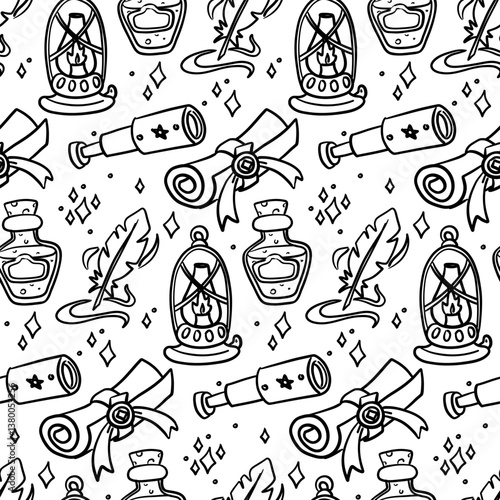 pattern of magical items. Scroll, spyglass, glitter, magic pen, potion, kerosene lamp in the style of doodle magic tools. Monochrome. Suitable for fantasy projects, books, games, artwork, magic