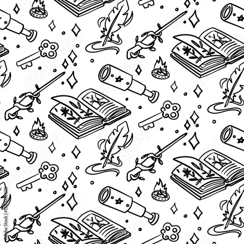 pattern with magic items. telescope, ring, pen, magic wand, book, of magical tools in the style of doodles. Monochrome seamless. Fantasy projects, books, games, and artwork related to magic